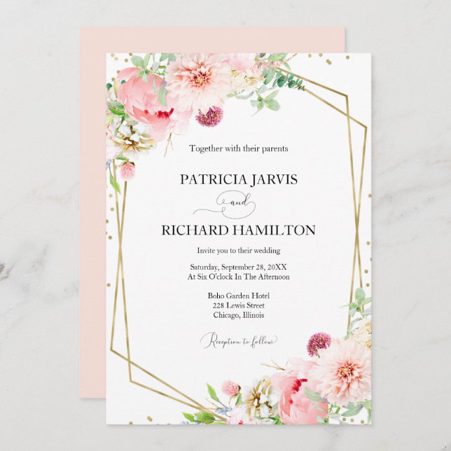 Invitation Mariage Floral Géométrique Élégant Moderne Rose (Devant / Derrière)