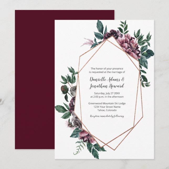 Invitation Mariage floral géométrique gris bordeaux (Devant / Derrière)