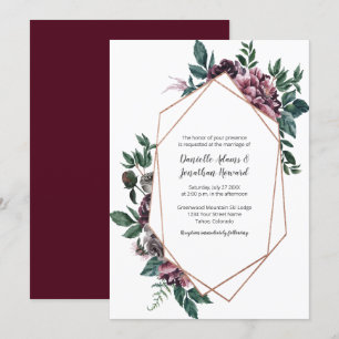 Invitation Mariage floral géométrique gris bordeaux