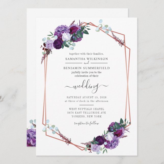 Invitation Mariage Floral Géométrique Moderne de Verdure Viol (Devant / Derrière)
