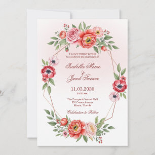 Invitation Mariage floral géométrique Pivoine rose et Anémone