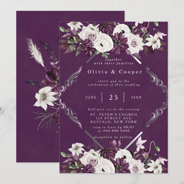 Invitation Mariage floral géométrique Plum et Argent (Devant / Derrière)