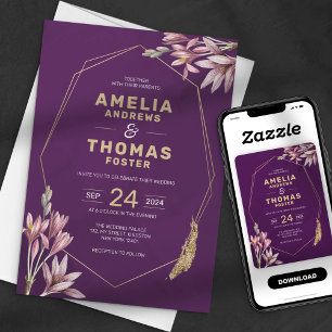 Invitation Mariage floral géométrique prune et or élégant