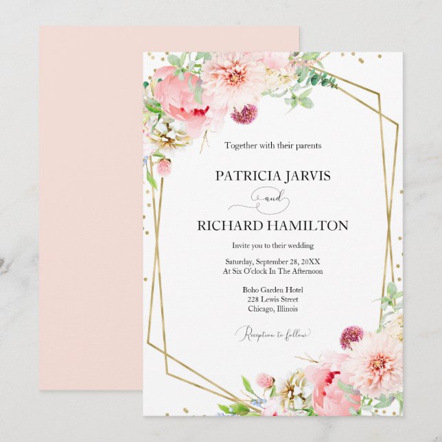 Invitation Mariage Floral Géométrique Rose Élégant Moderne (Devant / Derrière)