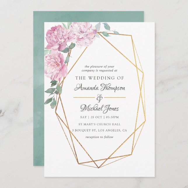 Invitation Mariage floral géométrique rose et menthe (Devant / Derrière)