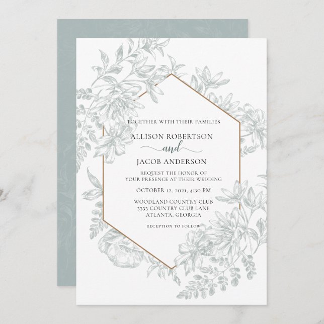 Invitation Mariage floral géométrique vert blanc et doux (Devant / Derrière)