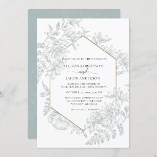 Invitation Mariage floral géométrique vert blanc et doux