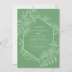 Invitation Mariage floral géométrique vert et blanc frais