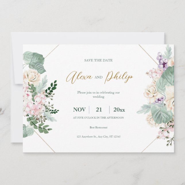 Invitation Mariage floral géométrique vert et or (Devant)