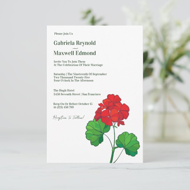 Invitation Mariage Floral Géranium Personnalisable (Debout devant)