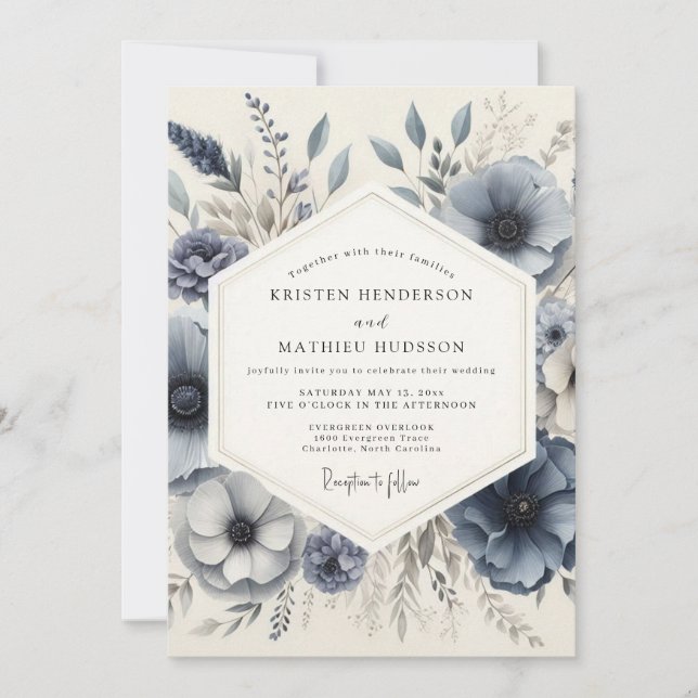 Invitation Mariage Floral givré Bleu Ardoise (Devant)