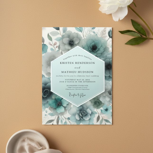 Invitation Mariage Floral givré de sarcelle (Créateur téléchargé)