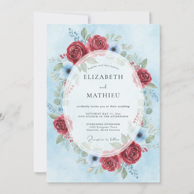 Invitation Mariage Floral Glacé Bourgogne (Devant)