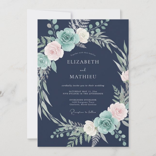 Invitation Mariage Floral Glacial Bleu de Nuit (Devant)
