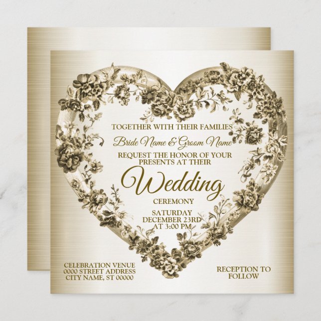 Invitation Mariage Floral Golden Ornate Heart Frame Élégant (Devant / Derrière)