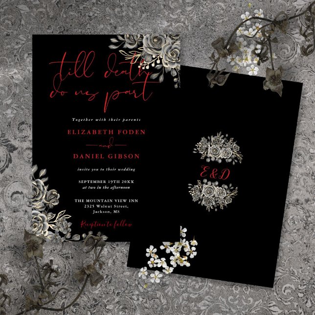 Invitation Mariage floral gothique aux roses noires et rouges (Black And Red Gothic Roses Floral Wedding Invitation)