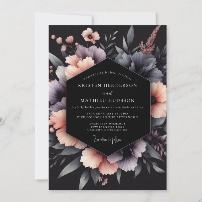 Invitation Mariage Floral Gothique Charbon & Blush (Devant)