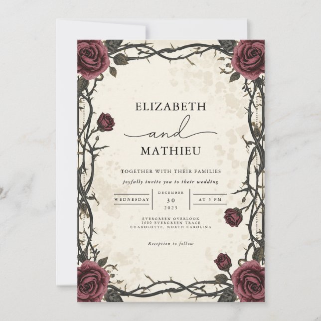Invitation Mariage floral gothique de Bourgogne foncé (Devant)