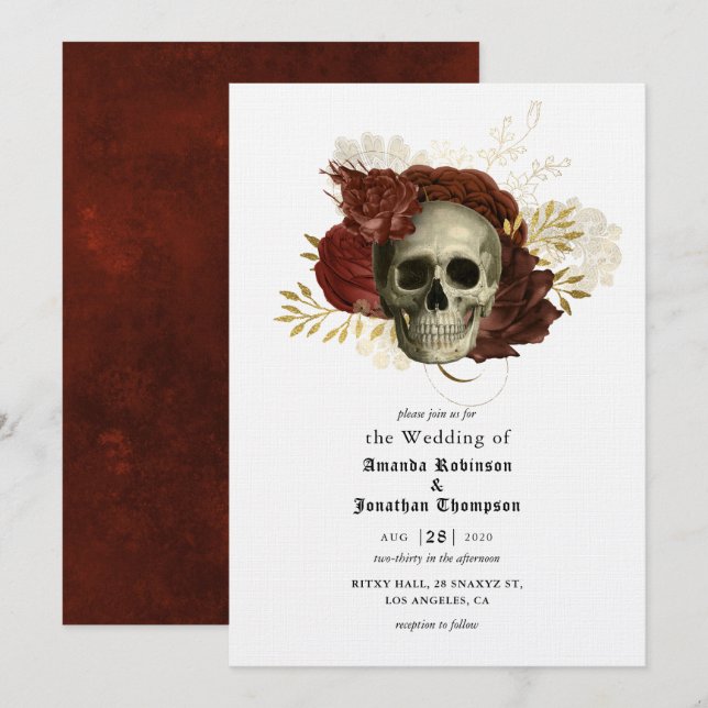 Invitation Mariage Floral Gothique Grunge de Crâne (Devant / Derrière)