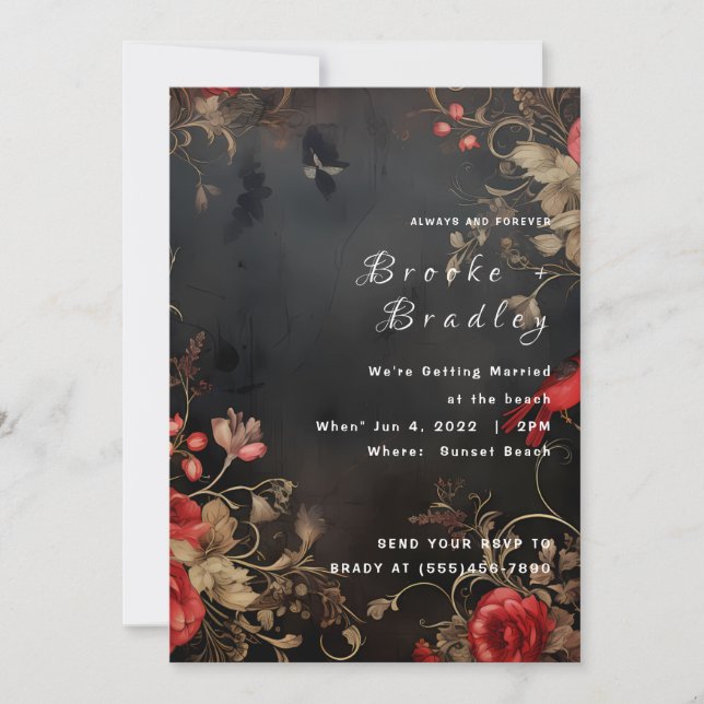 Invitation Mariage floral gothique noir et rouge (Devant)