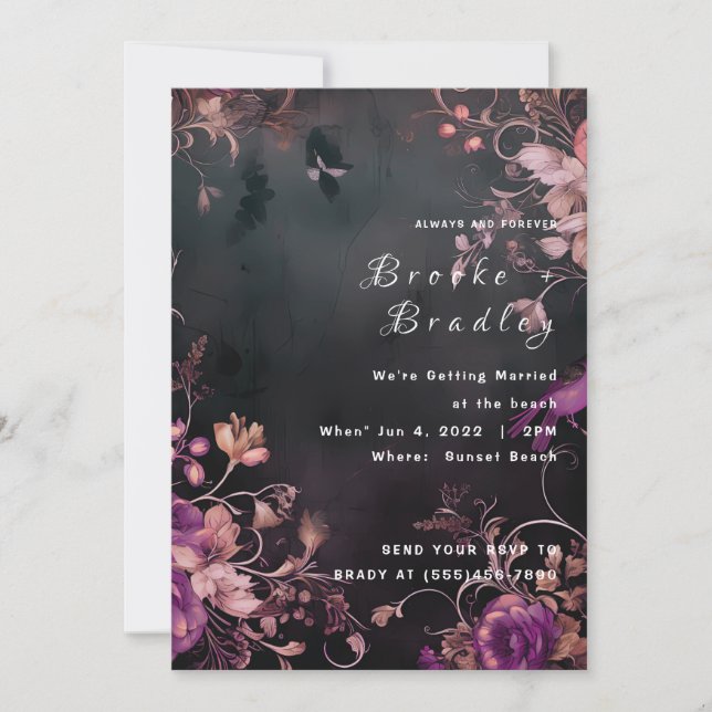 Invitation Mariage Floral Gothique Noir & Fuchsia (Devant)