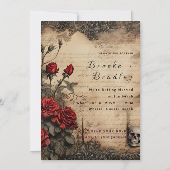 Invitation Mariage Floral Gothique Parchemin et Rouge Foncé (Devant)