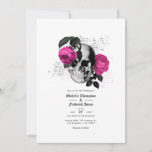 Invitation Mariage Floral Gothique Rose Chaud et Bleu Marine