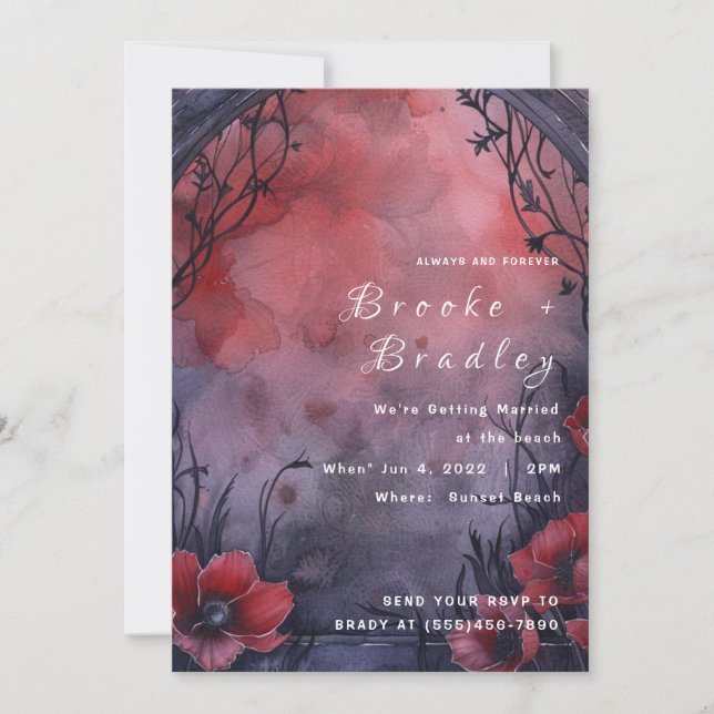 Invitation Mariage floral gothique rouge et violet (Devant)