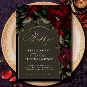 Invitation Mariage Floral Gothique Rouge Vert Sombre