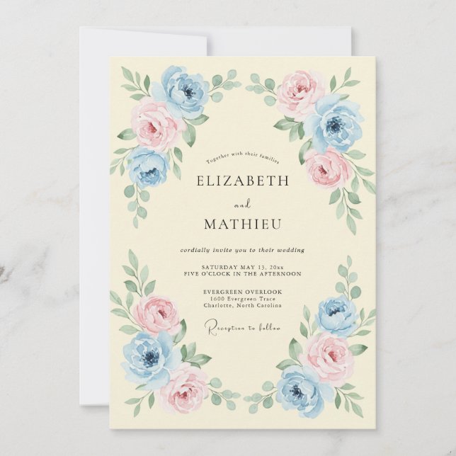 Invitation Mariage Floral Gracieux Bleu Ciel (Devant)