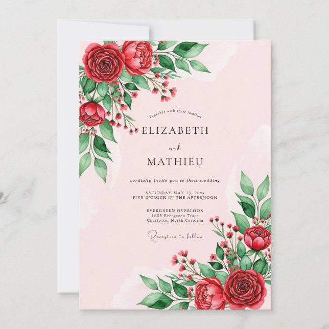 Invitation Mariage Floral Gracieux Rouge (Devant)