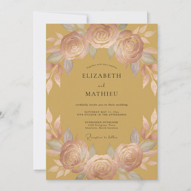 Invitation Mariage floral grand antique or (Devant)