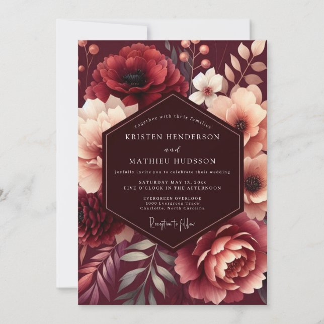 Invitation Mariage Floral Grenat (Devant)
