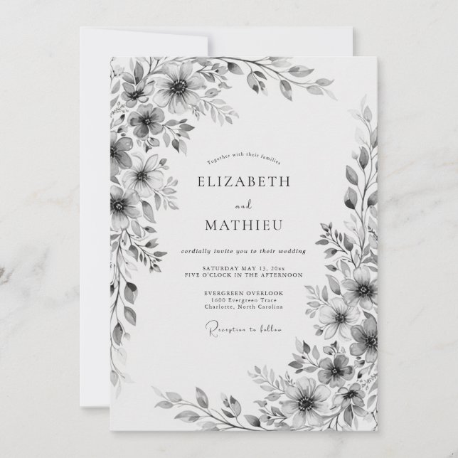 Invitation Mariage Floral Gris (Devant)