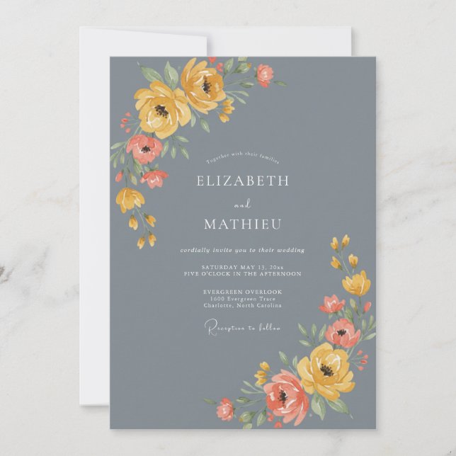 Invitation Mariage Floral Gris Ardoise (Devant)