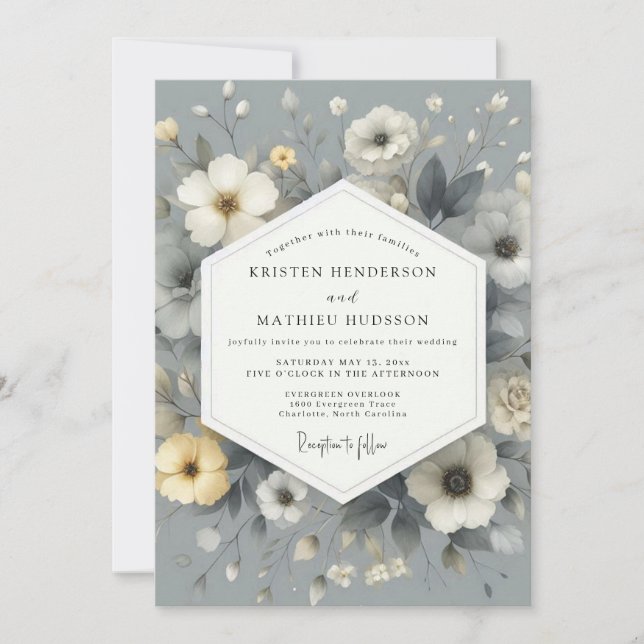 Invitation Mariage Floral Gris Ardoise (Devant)
