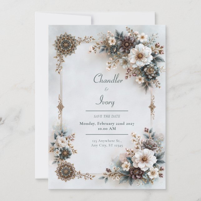 Invitation Mariage Floral Gris Bleu (Devant)