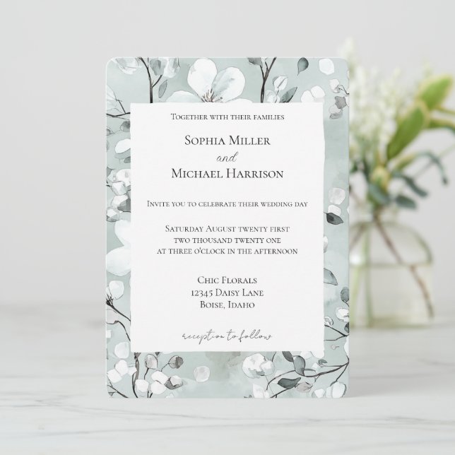 Invitation Mariage floral gris bleu blanc chic (Debout devant)