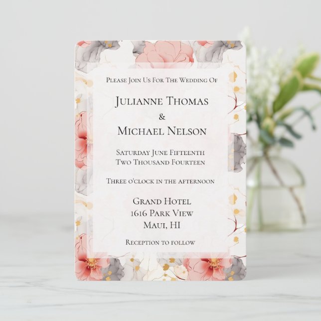 Invitation Mariage floral gris de corail (Debout devant)