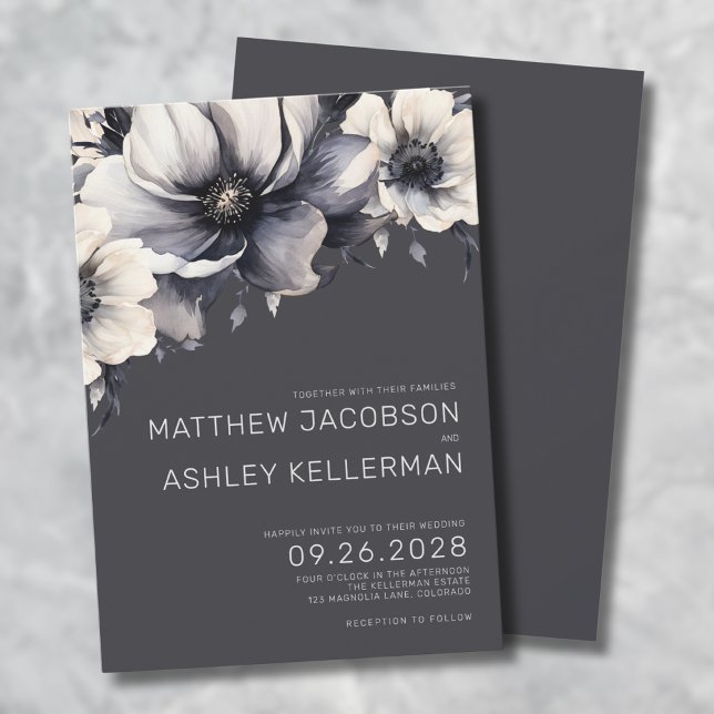 Invitation Mariage Floral Gris Élégant (Elegant Modern Gray Floral Wedding Invitation)