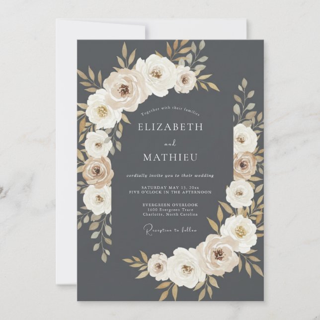 Invitation Mariage floral gris laurier (Devant)