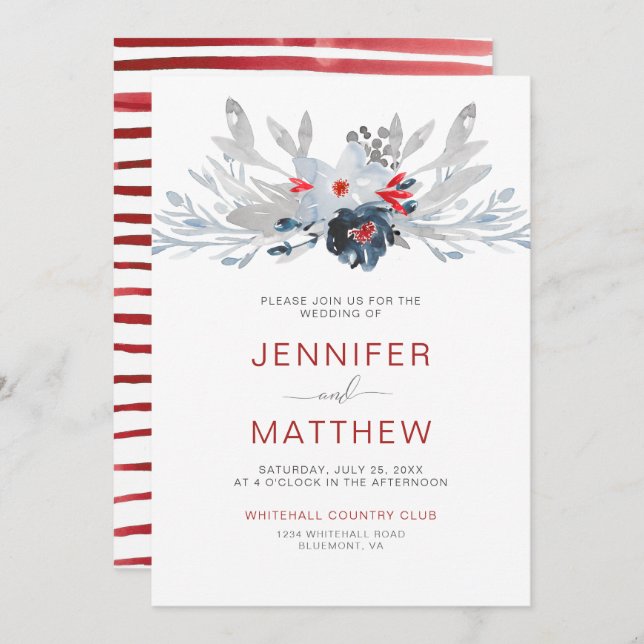 Invitation Mariage floral gris-rouge de la marine moderne | (Devant / Derrière)
