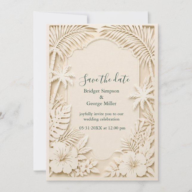 Invitation Mariage Floral Hawaïen Faux Découpé Crème (Devant)