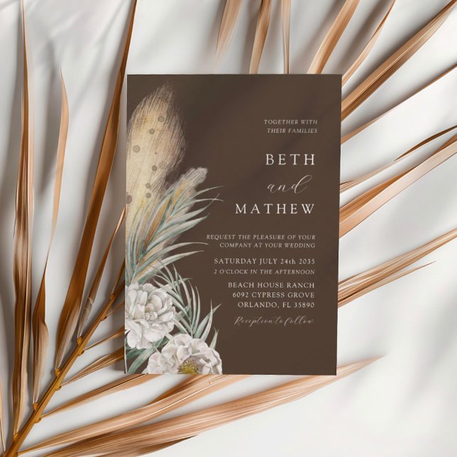 Invitation Mariage Floral & Herbe de Pampas Marron Rustique  (Créateur téléchargé)