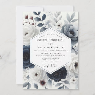 Invitation Mariage Floral hivernal Bleu Ardoise