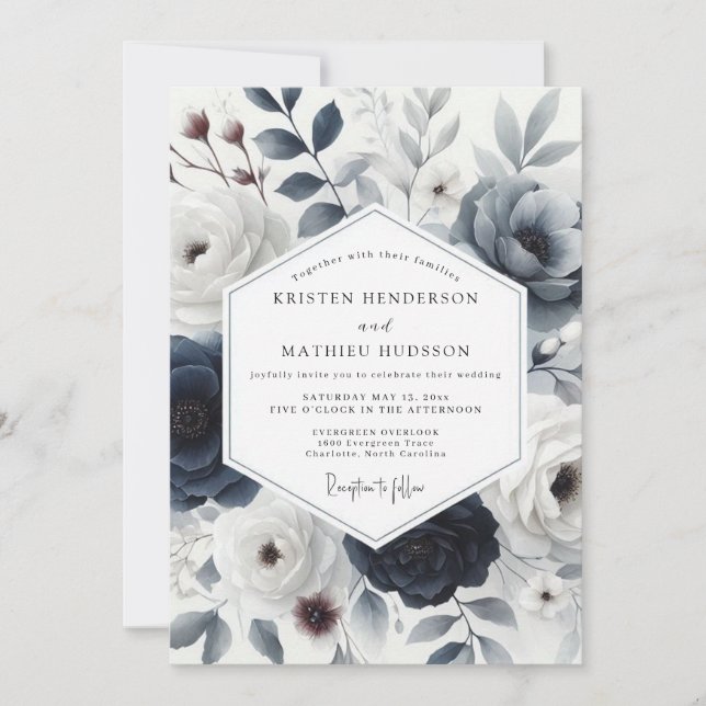 Invitation Mariage Floral hivernal Bleu Ardoise (Devant)