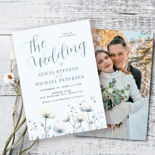 Invitation Mariage floral hivernal élégant boho bleu poussiér
