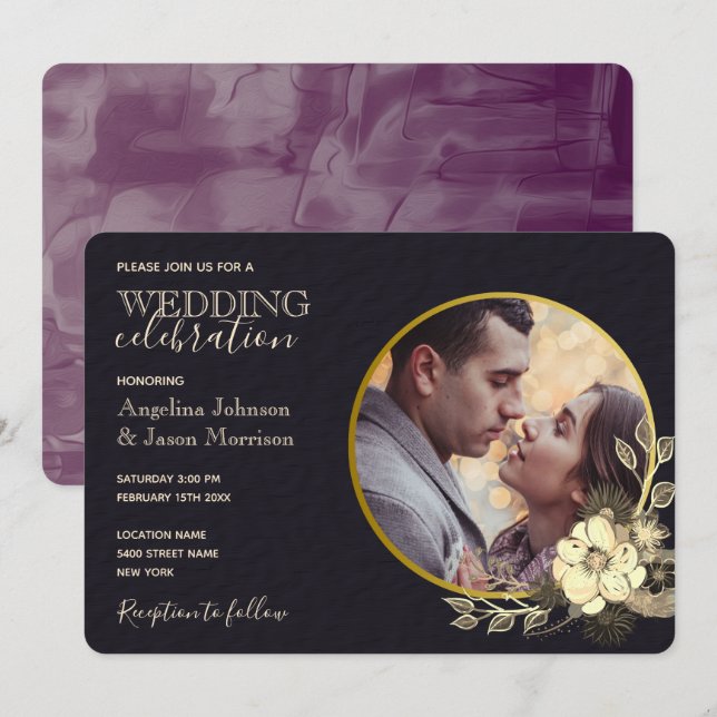 Invitation Mariage Floral Humeur Pourpre Or Noir (Devant / Derrière)