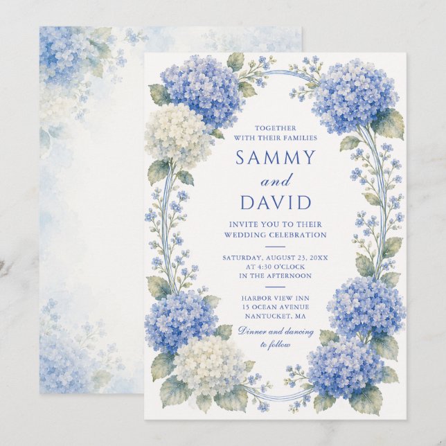 Invitation Mariage Floral Hydrangea Bleu (Devant / Derrière)