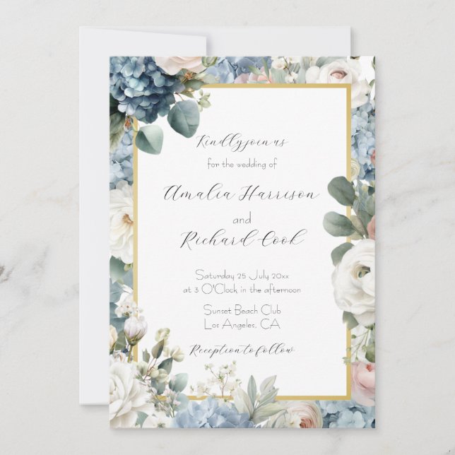 Invitation Mariage Floral Hydrangea Bleu Poussière  (Devant)